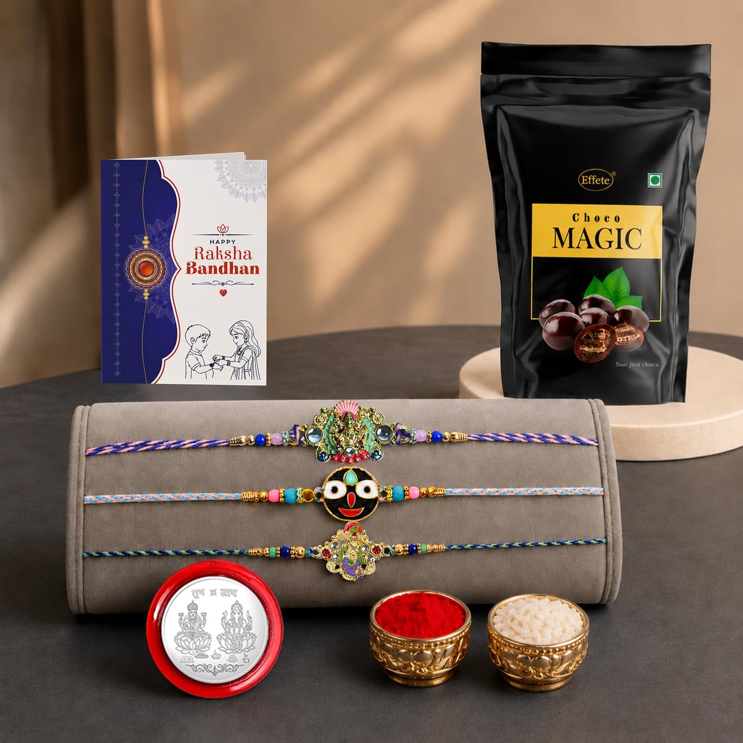 Designer Elegant Multicolor Rakhi for Brother with Choco Magic Pouch, Pack of 7