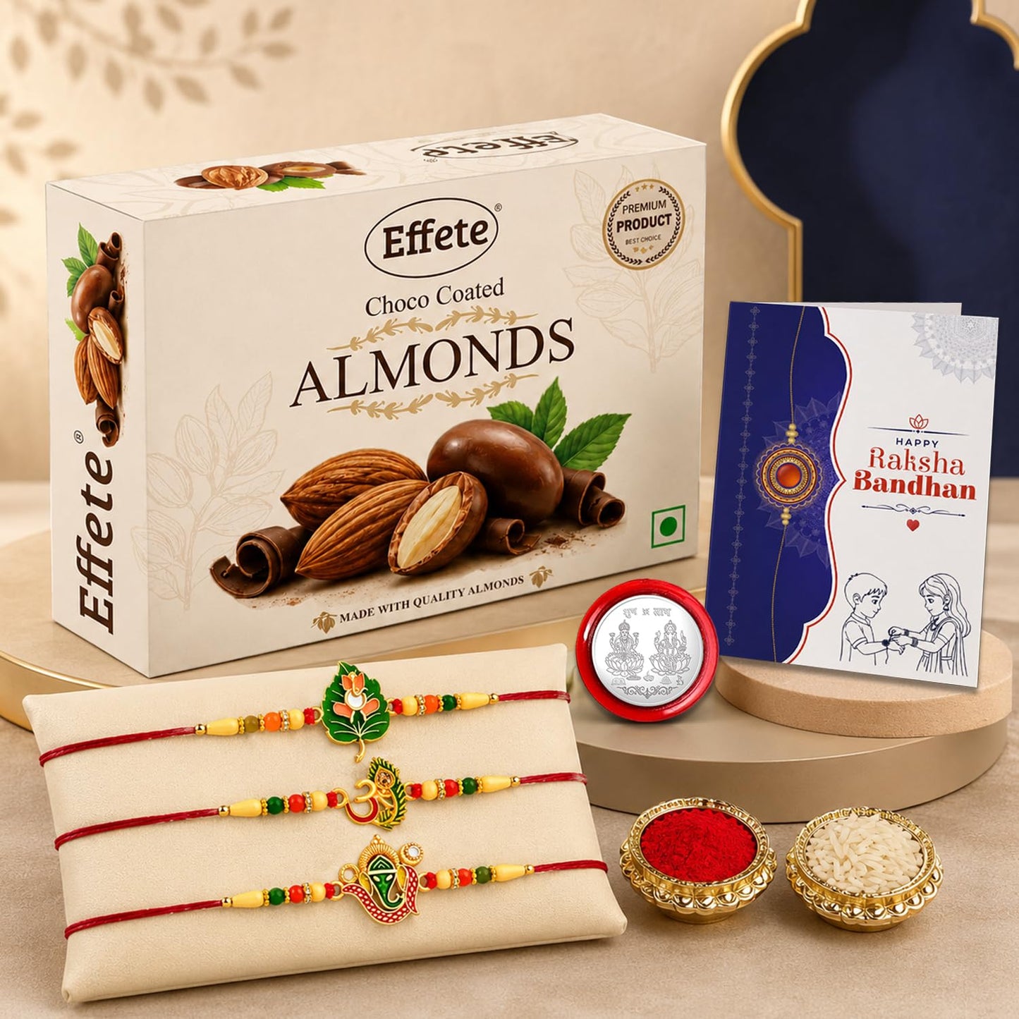 Leaf Rakhi for Brother with Chocolate Almonds 32gm, Roli Tikka & Card, Pack of 7