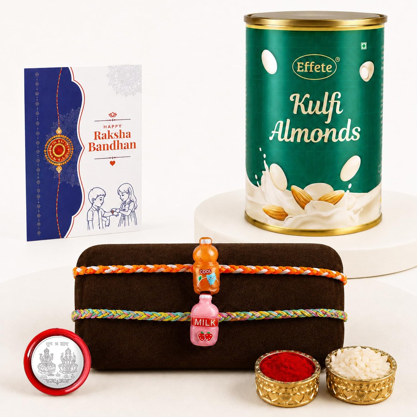 Bottle Rakhi for Brother with Kulfi Almonds 96gm, Roli Tikka & Card, Pack of 6