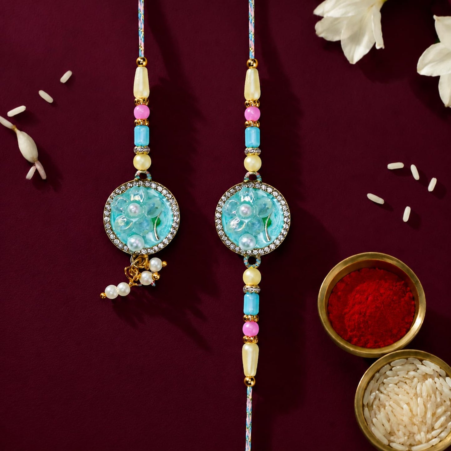 Floral Rakhi for Brother with Rose Almond 96gm, Roli Tikka & Card - Pack of 6