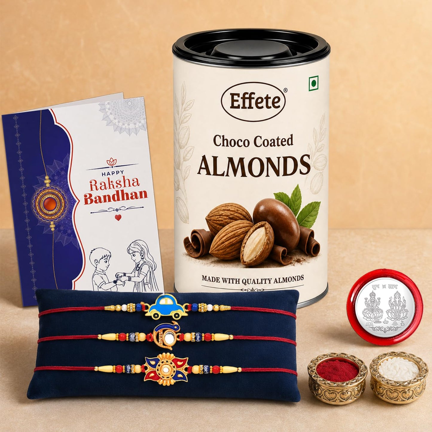 Kids Rakhi for Brother with Chocolate Almonds 96gm, Roli Tikka & Card, Pack of 7