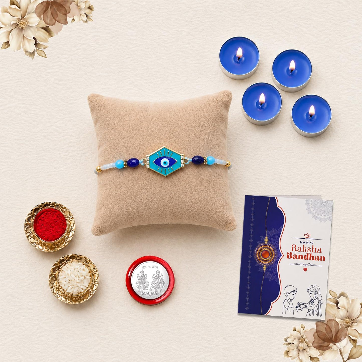 Evil Eye Rakhi Combo - Raksha Bandhan Gift with Tealight Candles 4pcs, Pack of 5