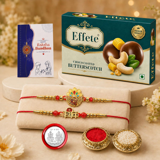 Shree Shiv multicolor rakhi combo with chocolate, roli chawal, and pooja coin.