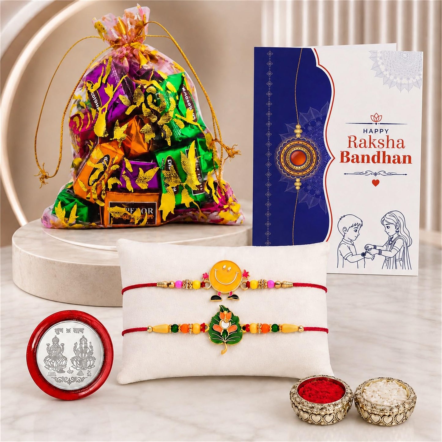 Leaf Rakhi for Brother with Assorted Treats 10pcs, Roli Tikka & Card, Pack of 6