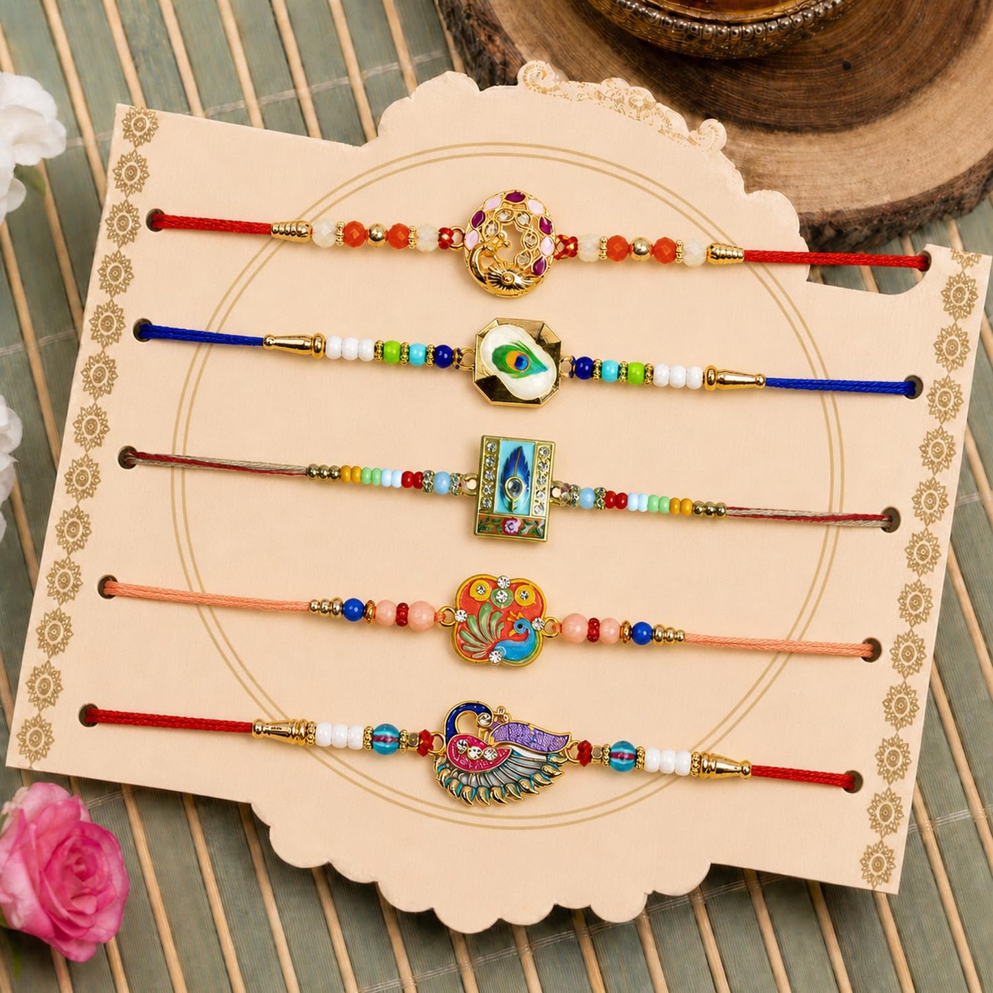 Elegant Beautiful Rakhi for Brother with Roli Tikka, Pooja Coin & Card, Pack of 8