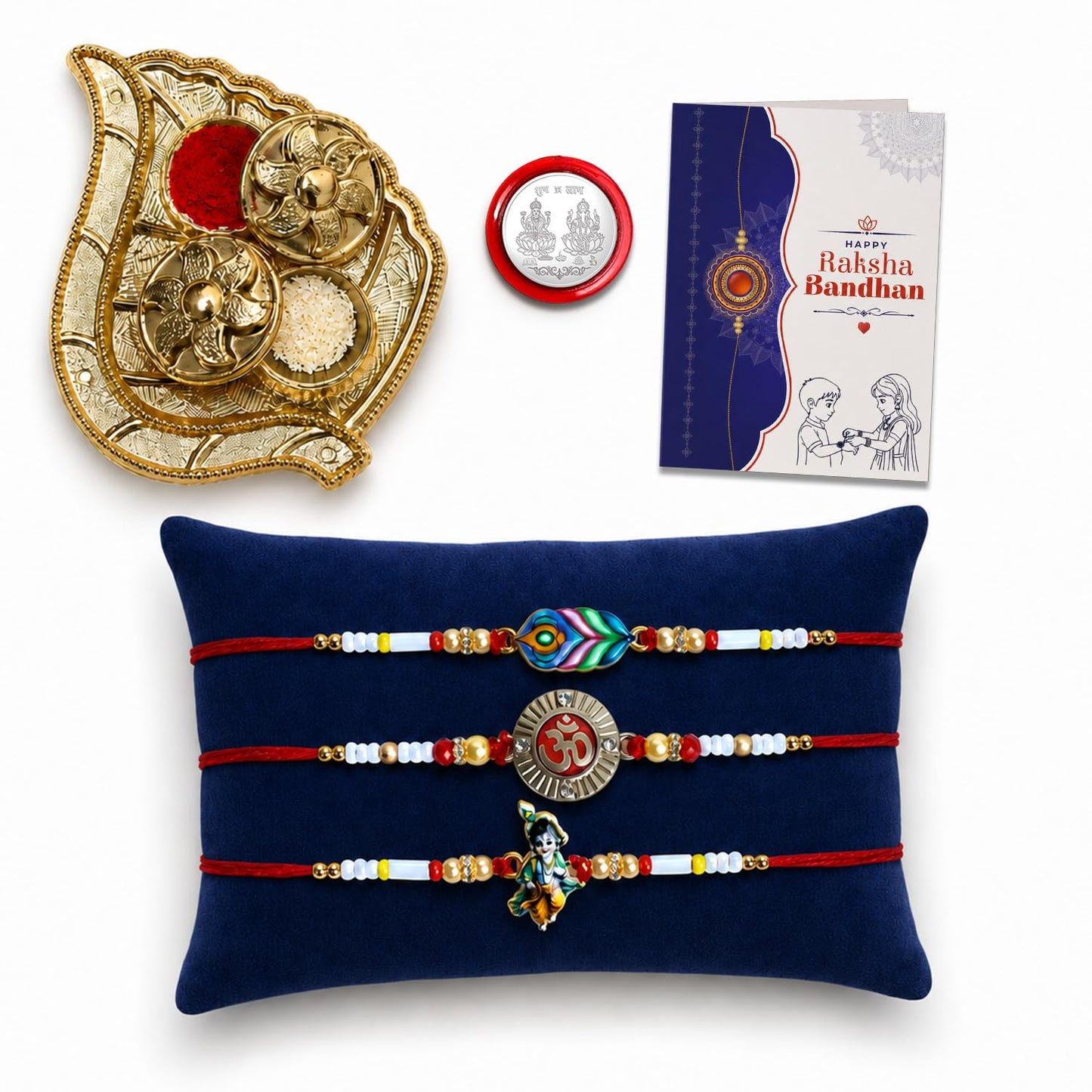 Rainbow color Rakhi for Brother with Pooja Thali, Roli Tikka & Card, Pack of 7