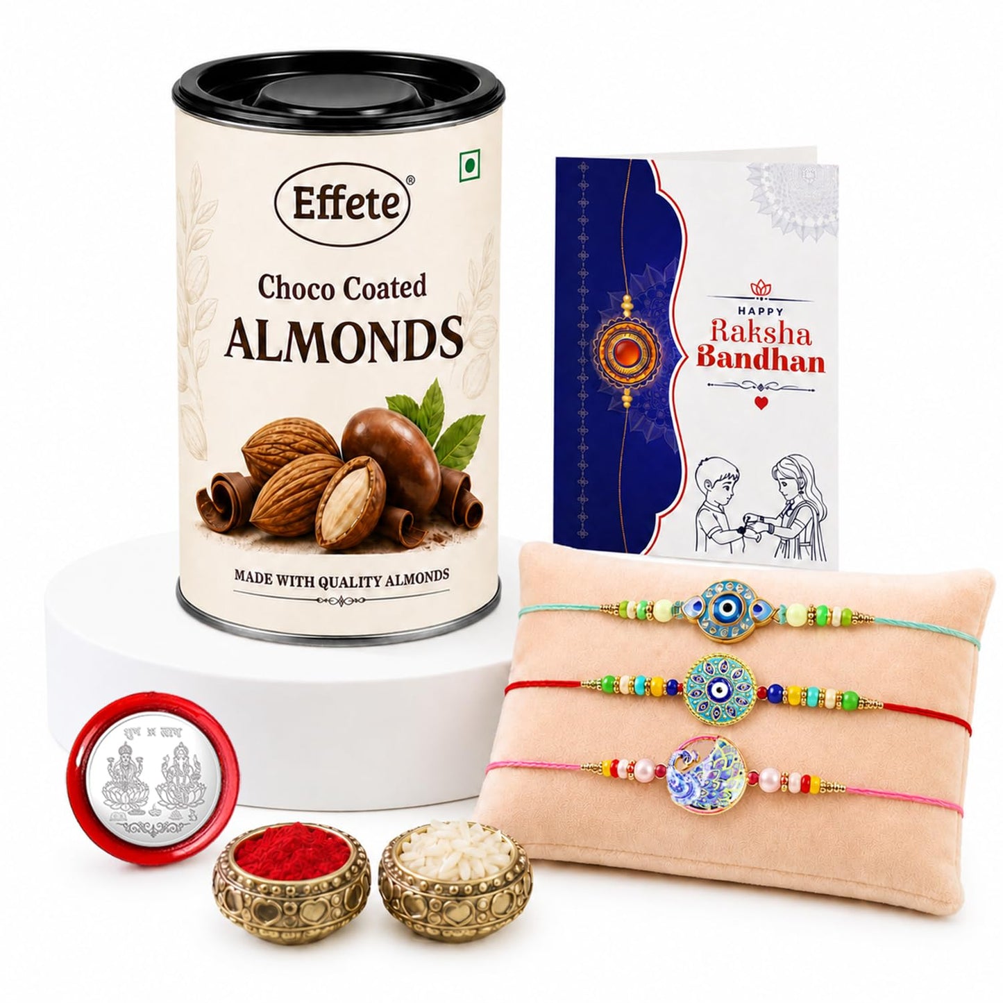 Evil Eye Rakhi for Brother with Choco Almonds 96gm, Roli Tikka & Card, Pack of 7