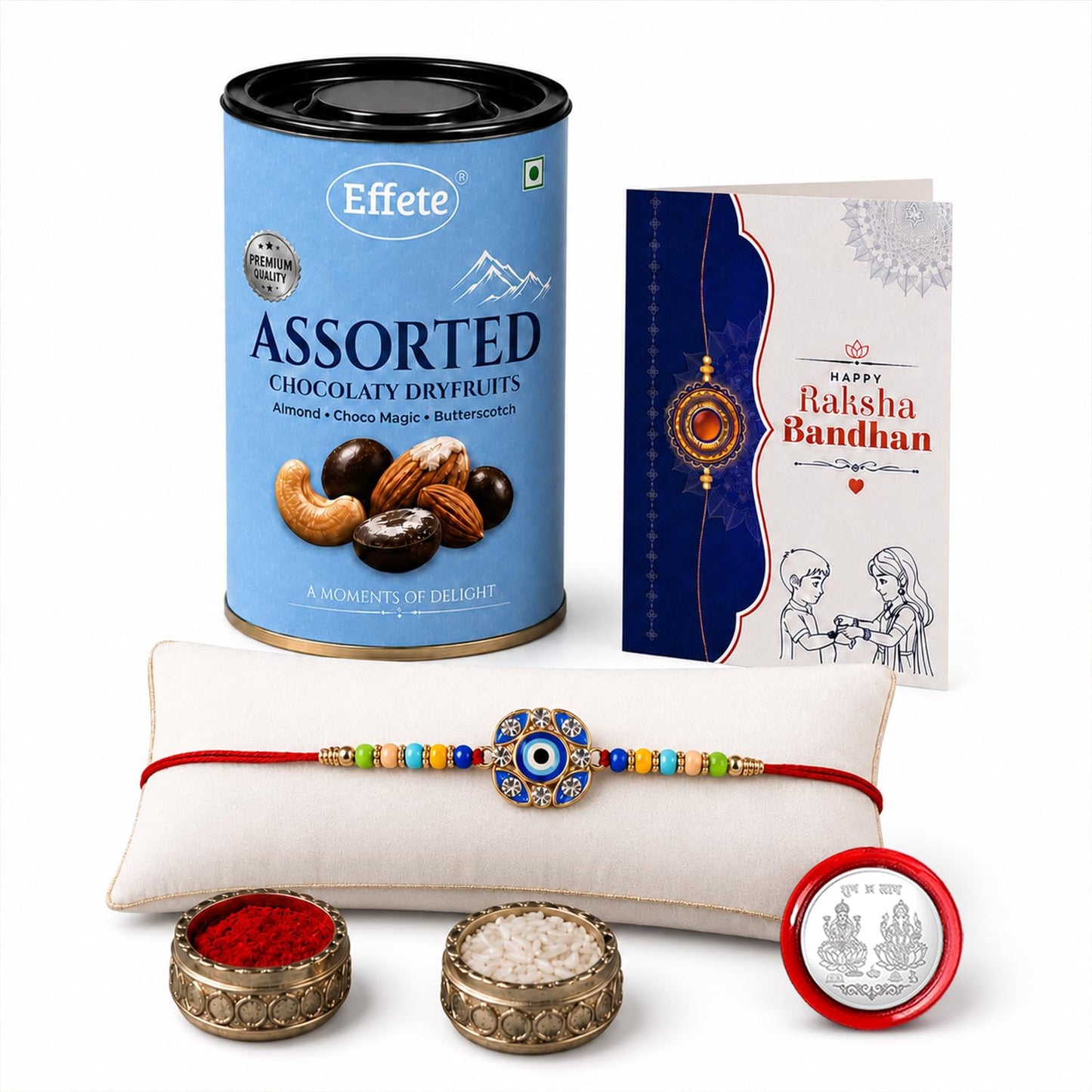 Evil Eye Rakhi for Brother with Choco Dryfruits 96gm, Coin & Card | Pack of 5