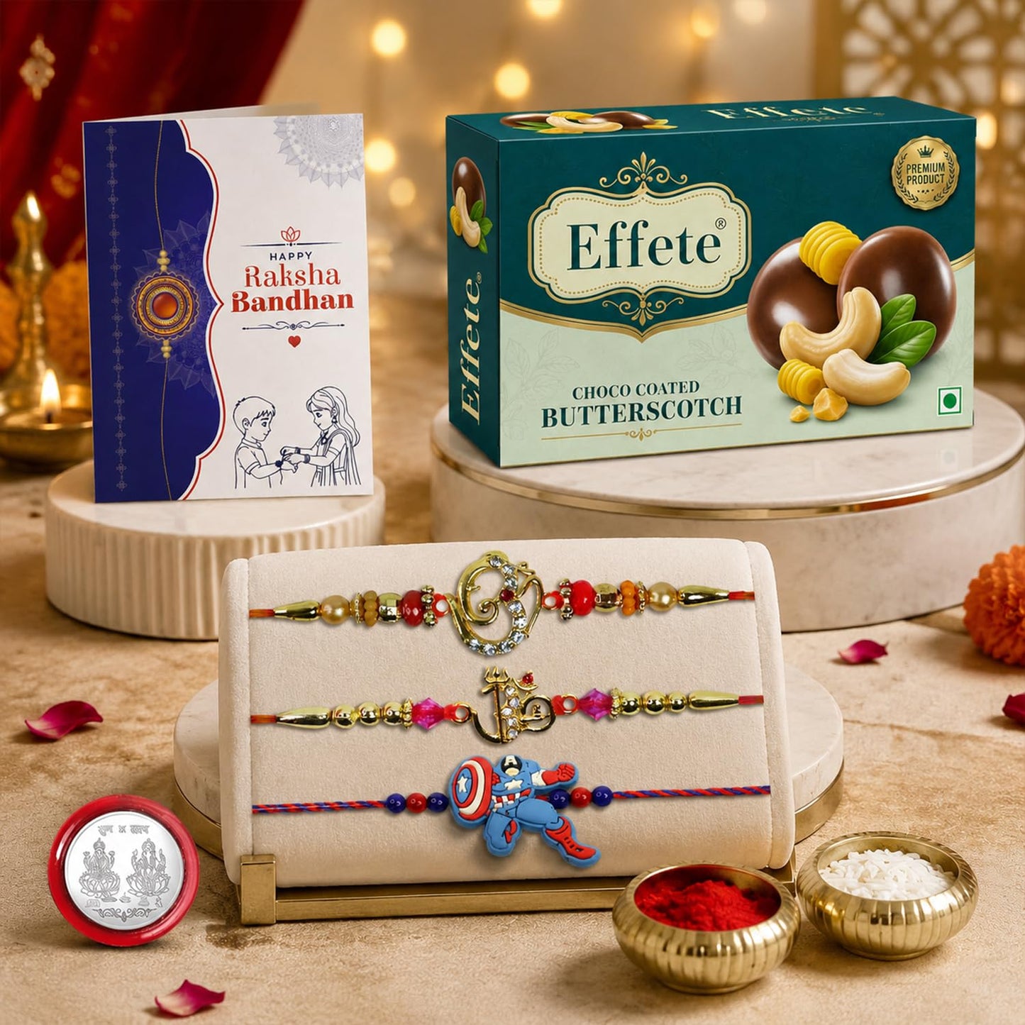 Ganesh Charm Rakhi for Brother with Butter Scotch 32gm, Coin & Card, Pack of 7