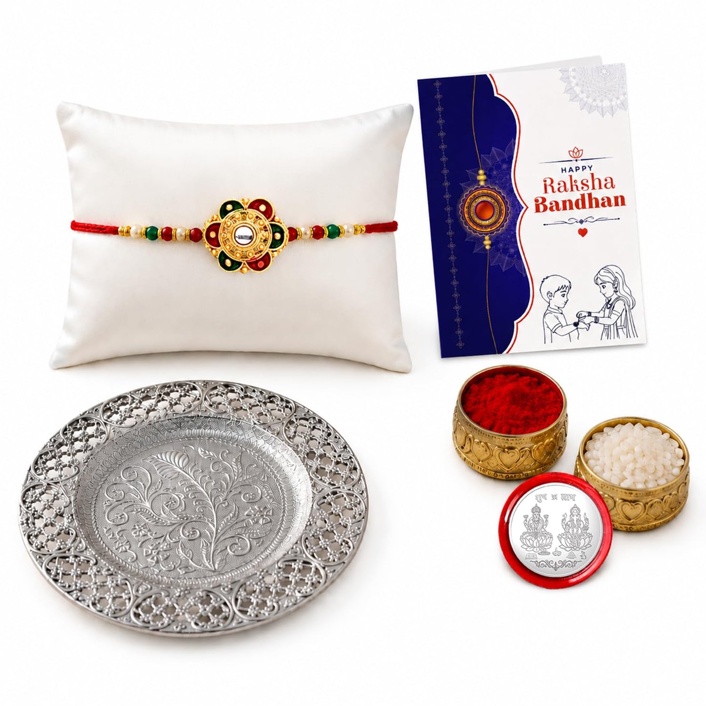 Flower Multicolor Rakhi for Brother & Bhaiya with Pooja Thali | Pack of 5