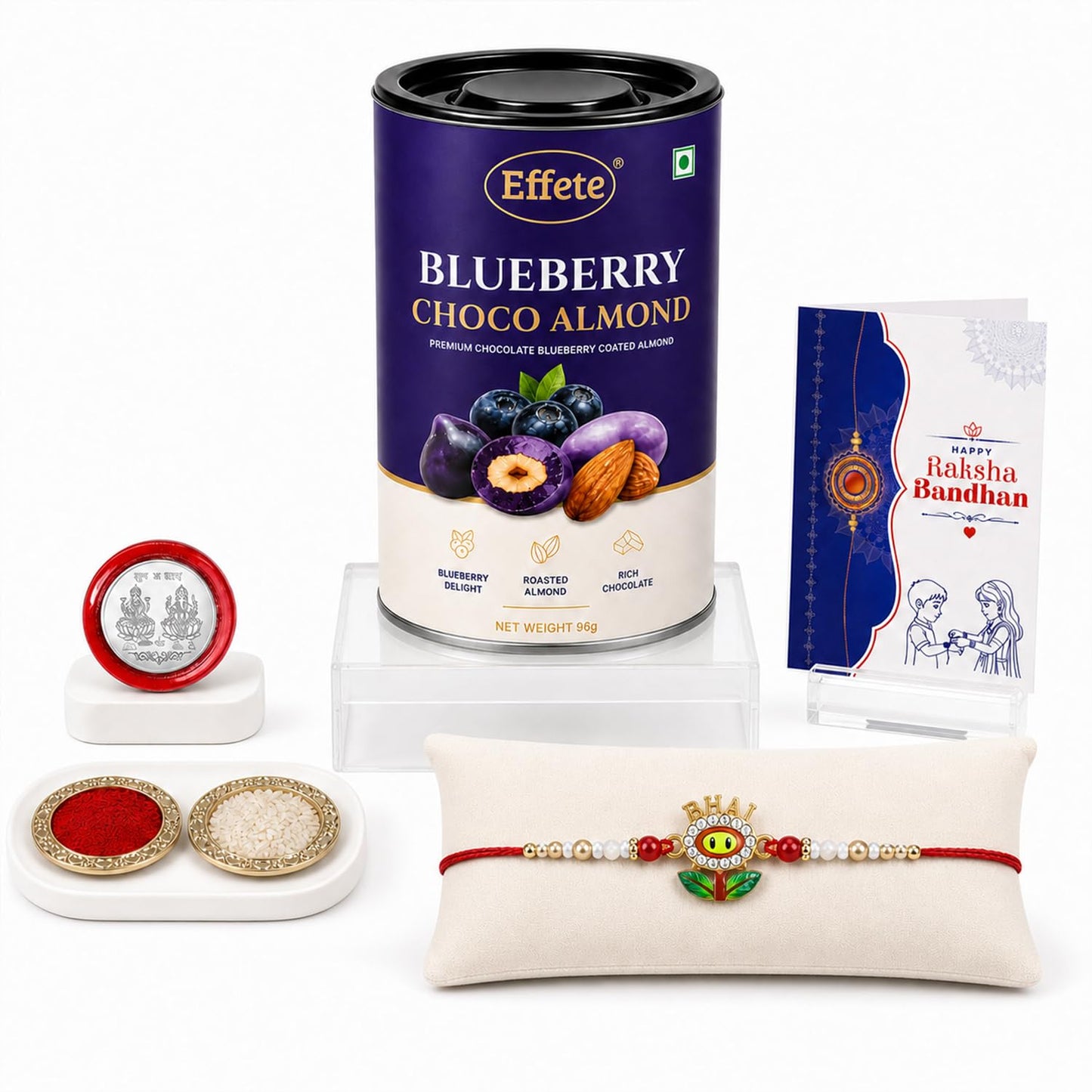 Multicolor Bhai Flower Rakhi & Blueberry Choco Almond 96gm with Roli Chawal, Silver Color Pooja Coin & Greeting Card, Fancy Rakhis for men stylish, Rakshbandhan Combo, Pack of 5 For Raksha Bandhan
