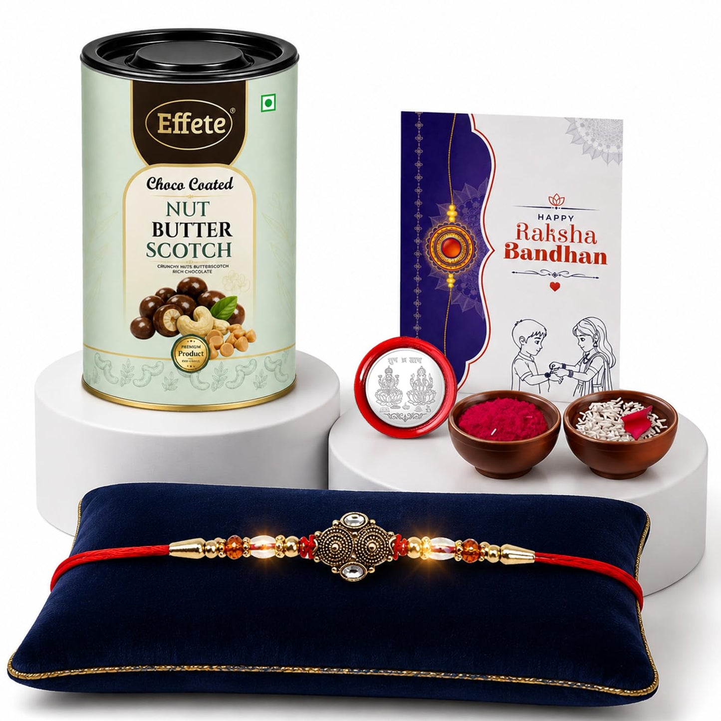 Antique Rakhi for Brother with Butter Scotch 96gm, Roli Tikka & Card, Pack of 5