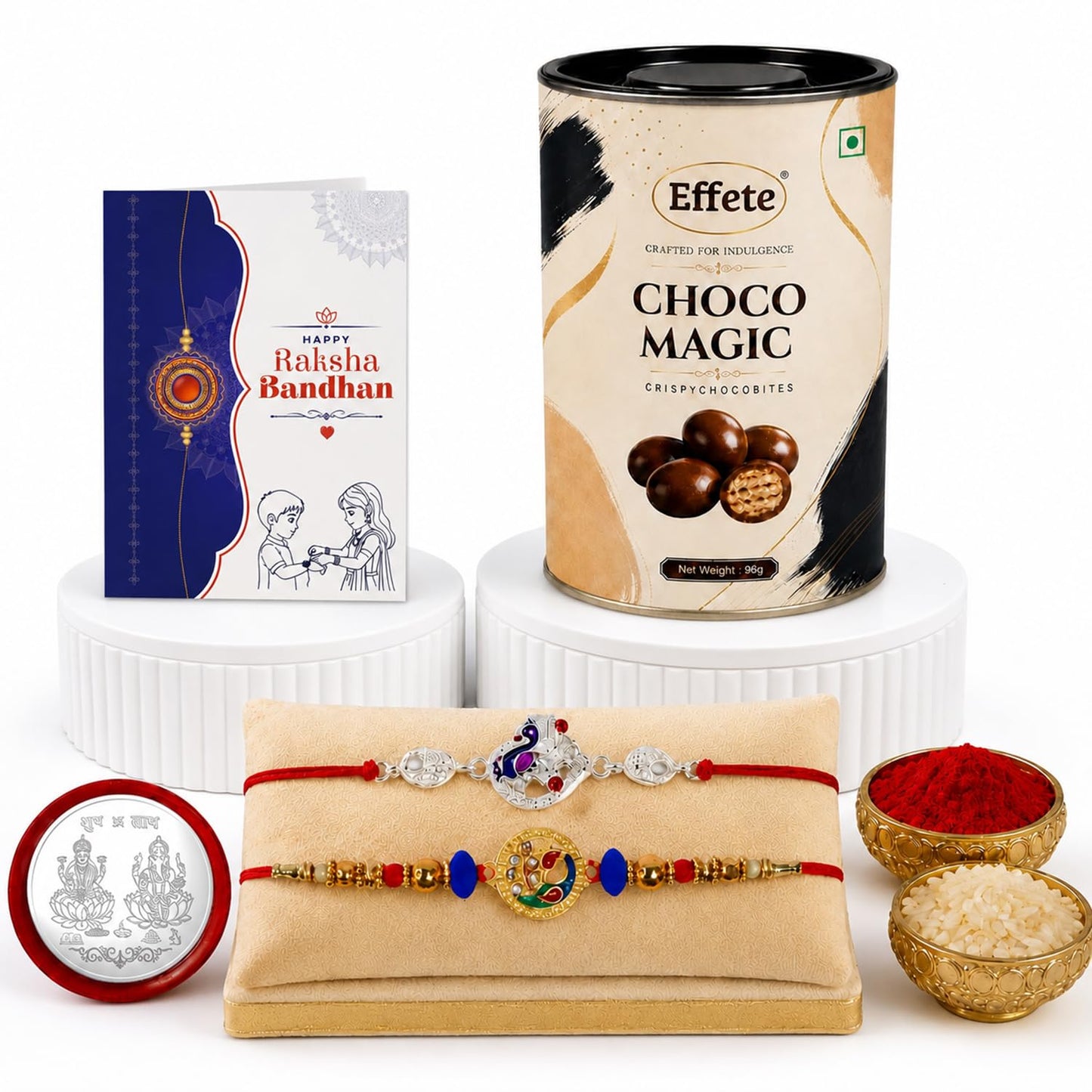 Peacock Rakhi for Brother with Choco Magic 96gm, Roli Tikka & Card - Pack of 6