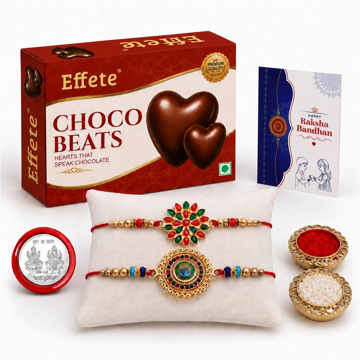 Designer Rakhi for Brother with Choco Beats 32gm, Roli Tikka & Card, Pack of 6