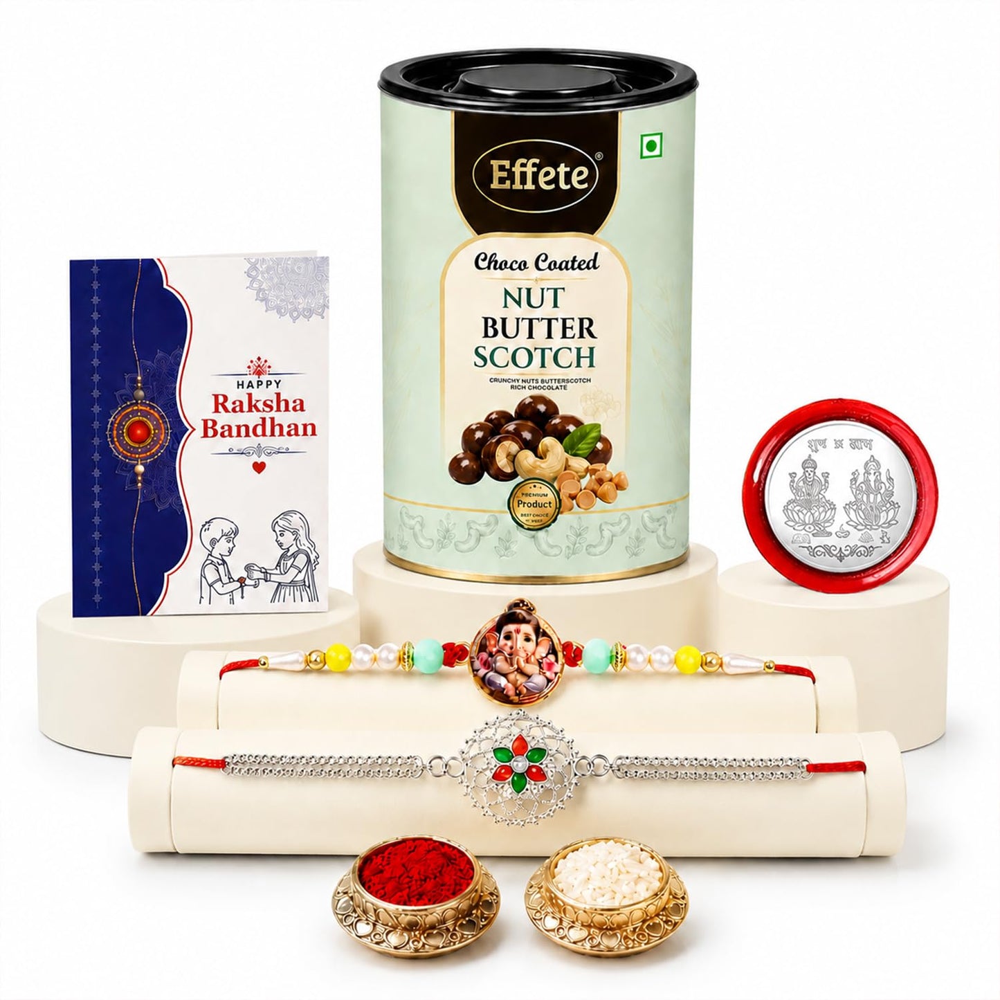 Rakhi with Chocolate for Brother (Set of 6) – Raksha Bandhan Festival Celebration Combo with Ganesha & Silver Color Rakhi, Chocolate, Roli Chawal, Silver Color Pooja Coin & Greeting Card