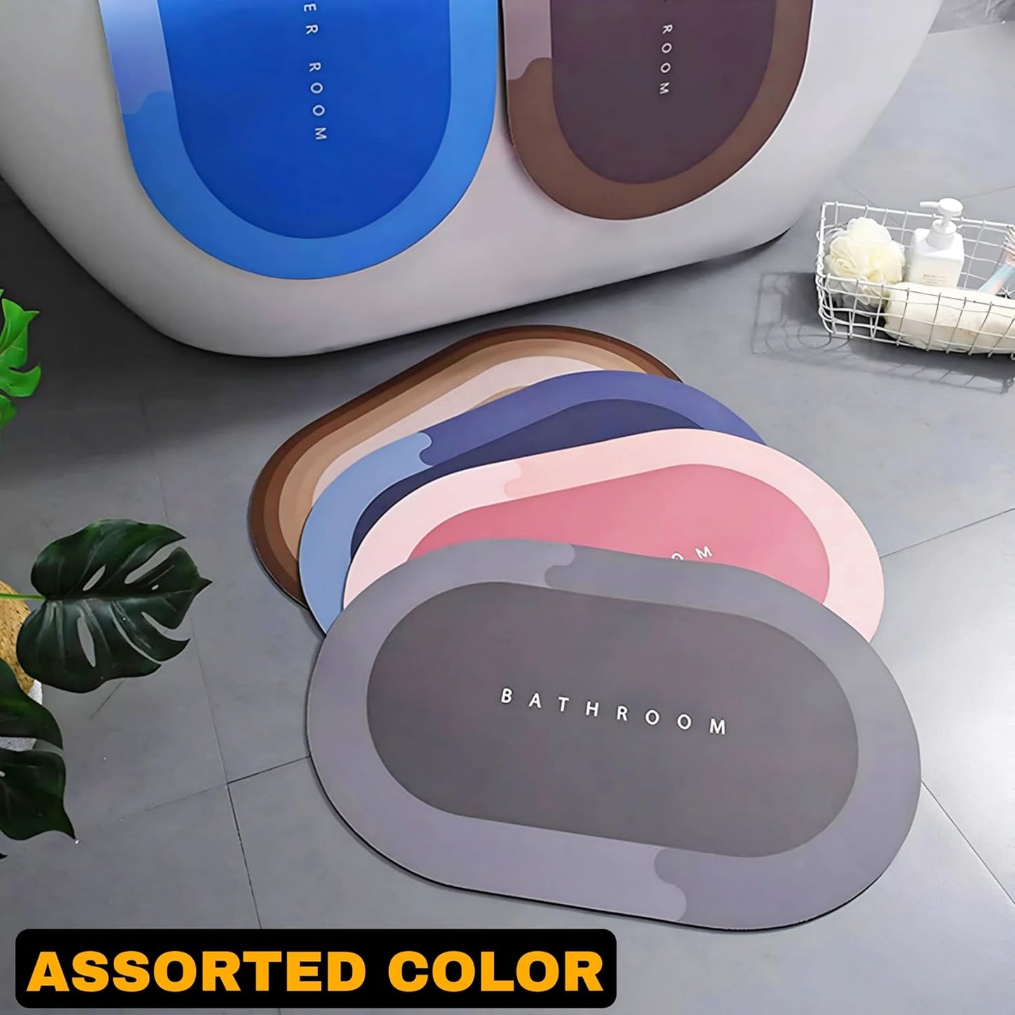 Anti-Slip Oval Bathroom Mat for Floor | Waterproof & Quick-Dry Soft Rubber Mat | Printed “BATHROOM” Design | Modern Anti-Skid Floor Mat for Bathroom, Bathtub, Toilet – Blue