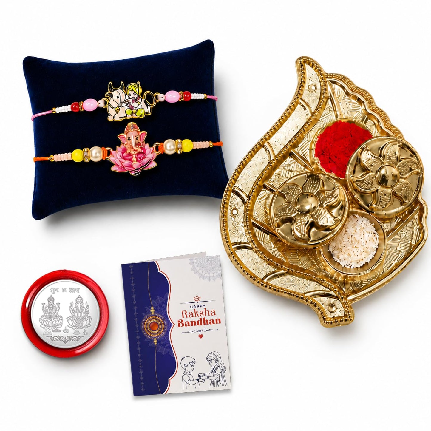 Krishna, Ganesha Rakhi Combo - Raksha Bandhan Gift with Leaf Design Pooja Thali, Pack of 6