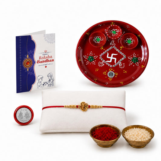 OM Ganesha Rakhi Combo gift set for Raksha Bandhan, featuring a Ganesha rakhi, pooja thali, and festive essentials.