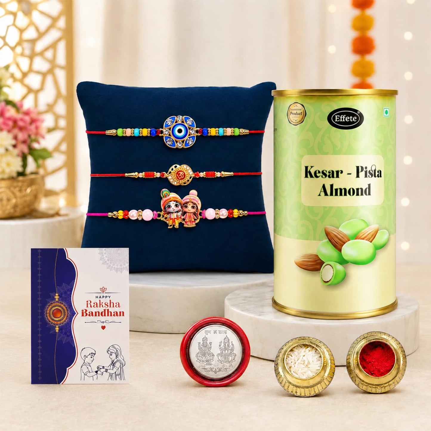 Designer Rakhi for Brother with Kesar-Pista Almond 96gm, Coin & Card, Pack of 3