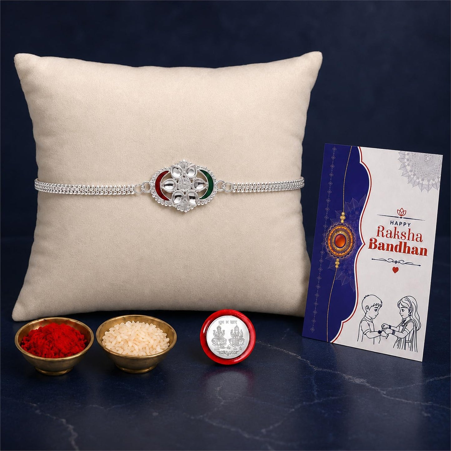 Oval Rakhi for Brother with Roli Tikka, Pooja Coin & Greeting Card, Pack of 4