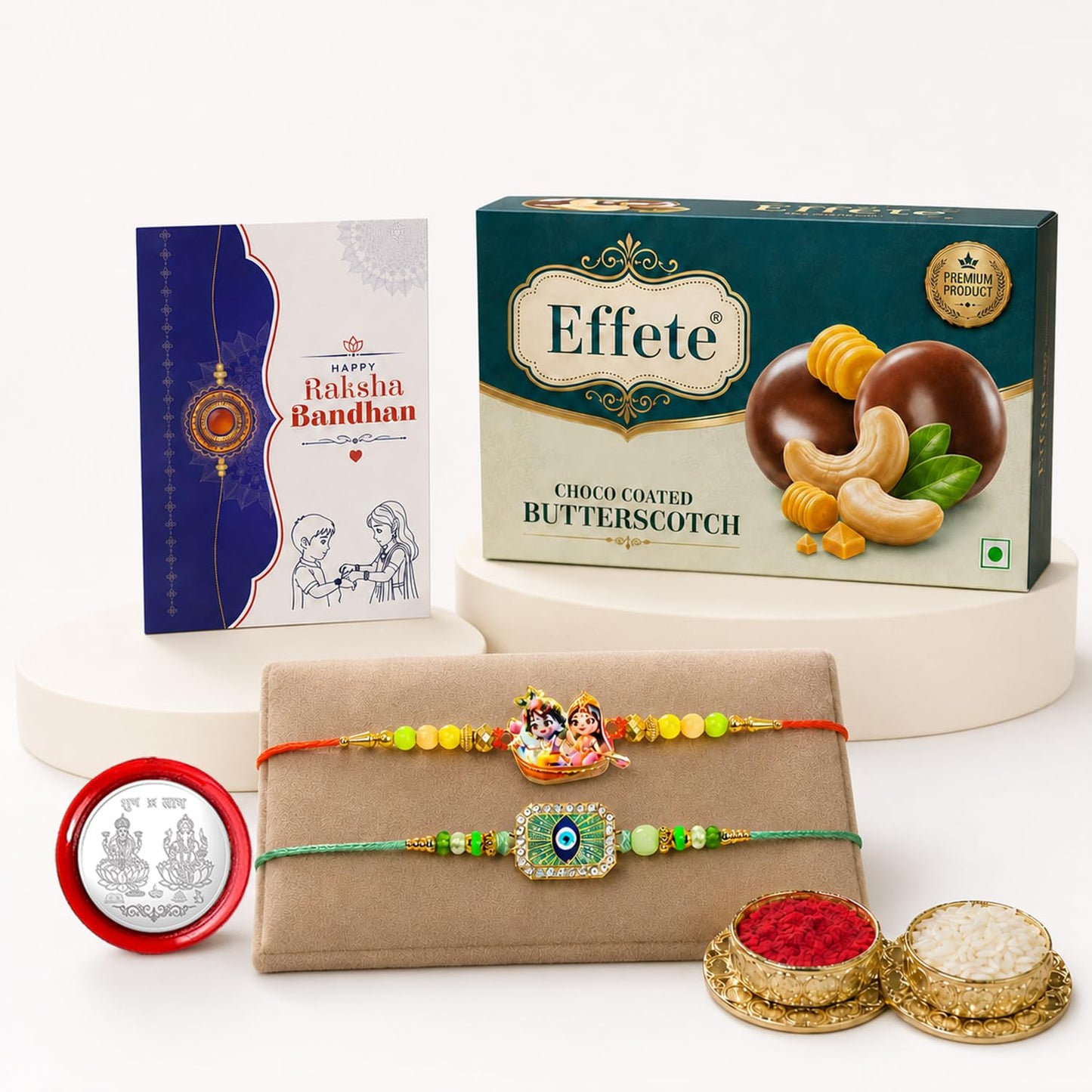 Radhe Krishna Rakhi Combo - Raksha Bandhan Gift with Choco Butterscotch 32gm, Pack of 6