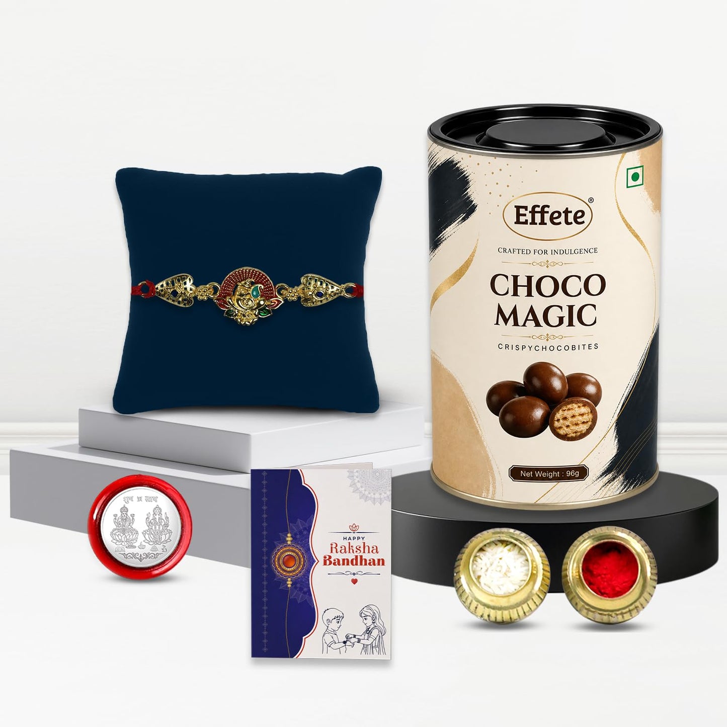 Floral Rakhi for Brother with Chocolate Magic 96gm, Roli Chawal & Card, Pack of 5