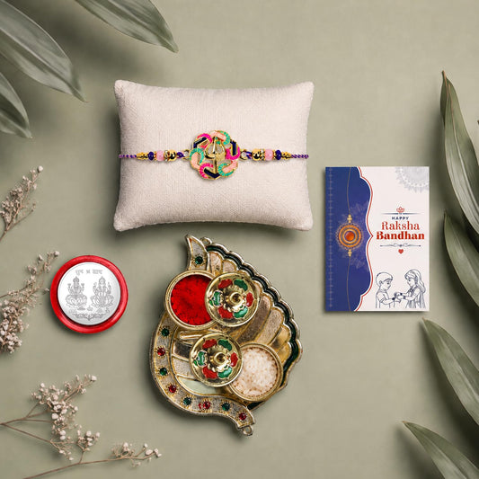 Multicolor Shiva Trishul Rakhi and Leaf Pooja Thali combo for Raksha Bandhan.