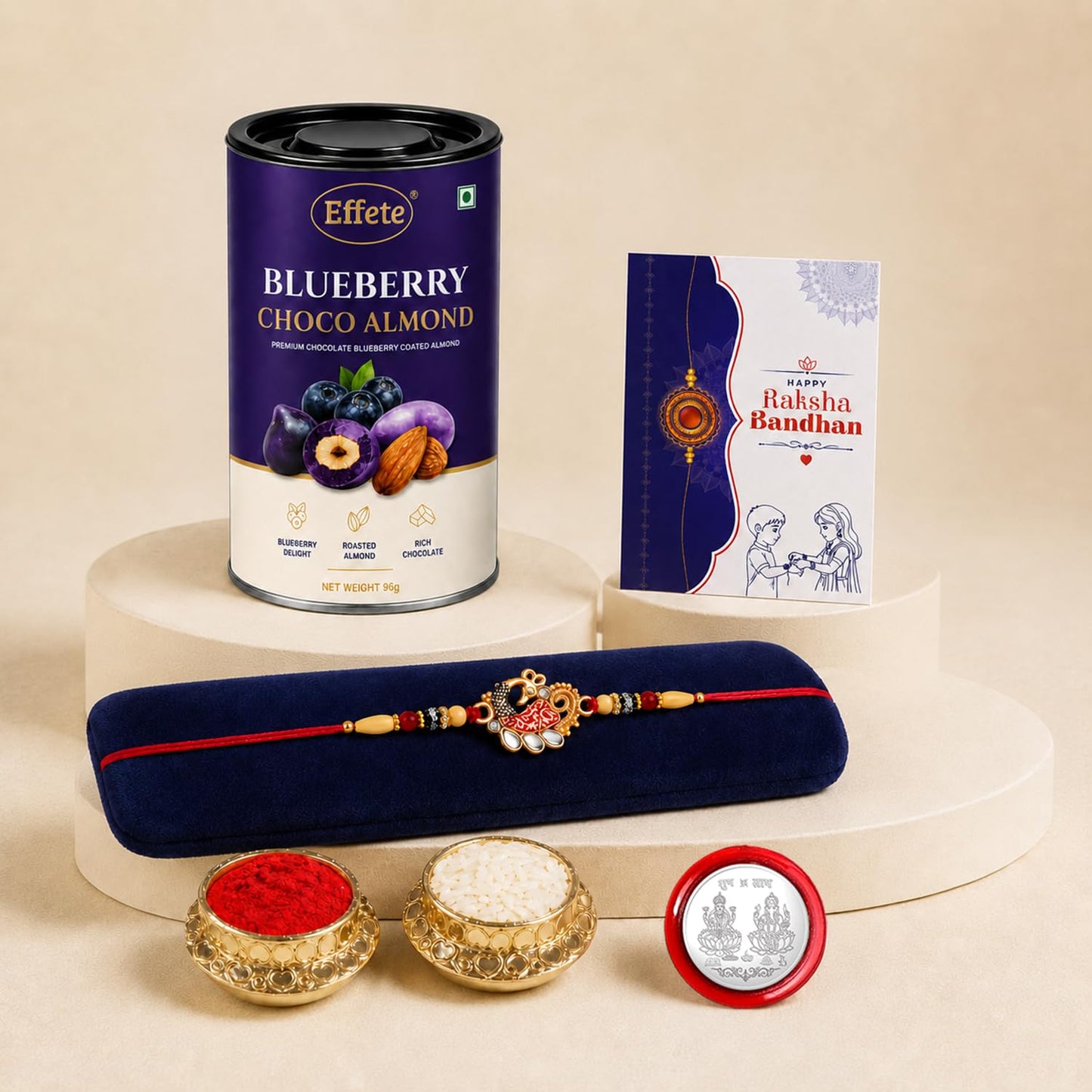 PEacock Rakhi for Brother with Blueberry Almond 96gm, Coin & Card, Pack of 5