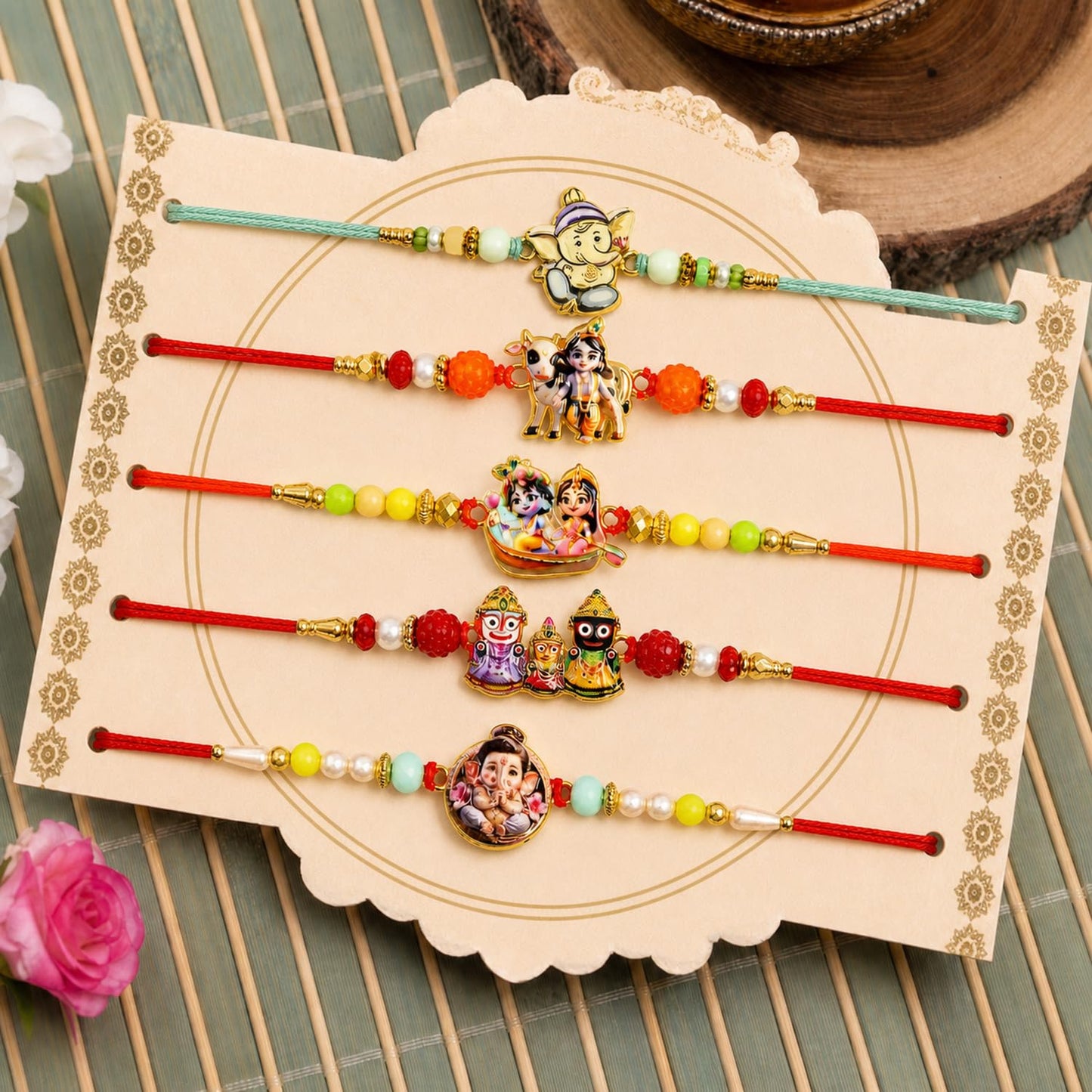 Designer Vibrant Rakhi for Brother with Roli Tikka, Pooja Coin & Card, Pack of 8