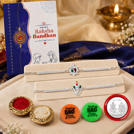 Rakhi set for brother featuring a turtle and Ganesh bracelet with roli chawal and a silver coin.