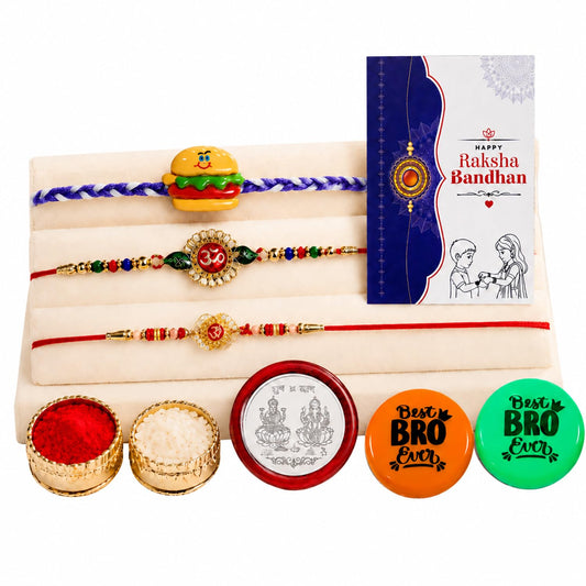 Raksha Bandhan Rakhi combo gift set featuring a multicolor rakhi, roli chawal, and coin.
