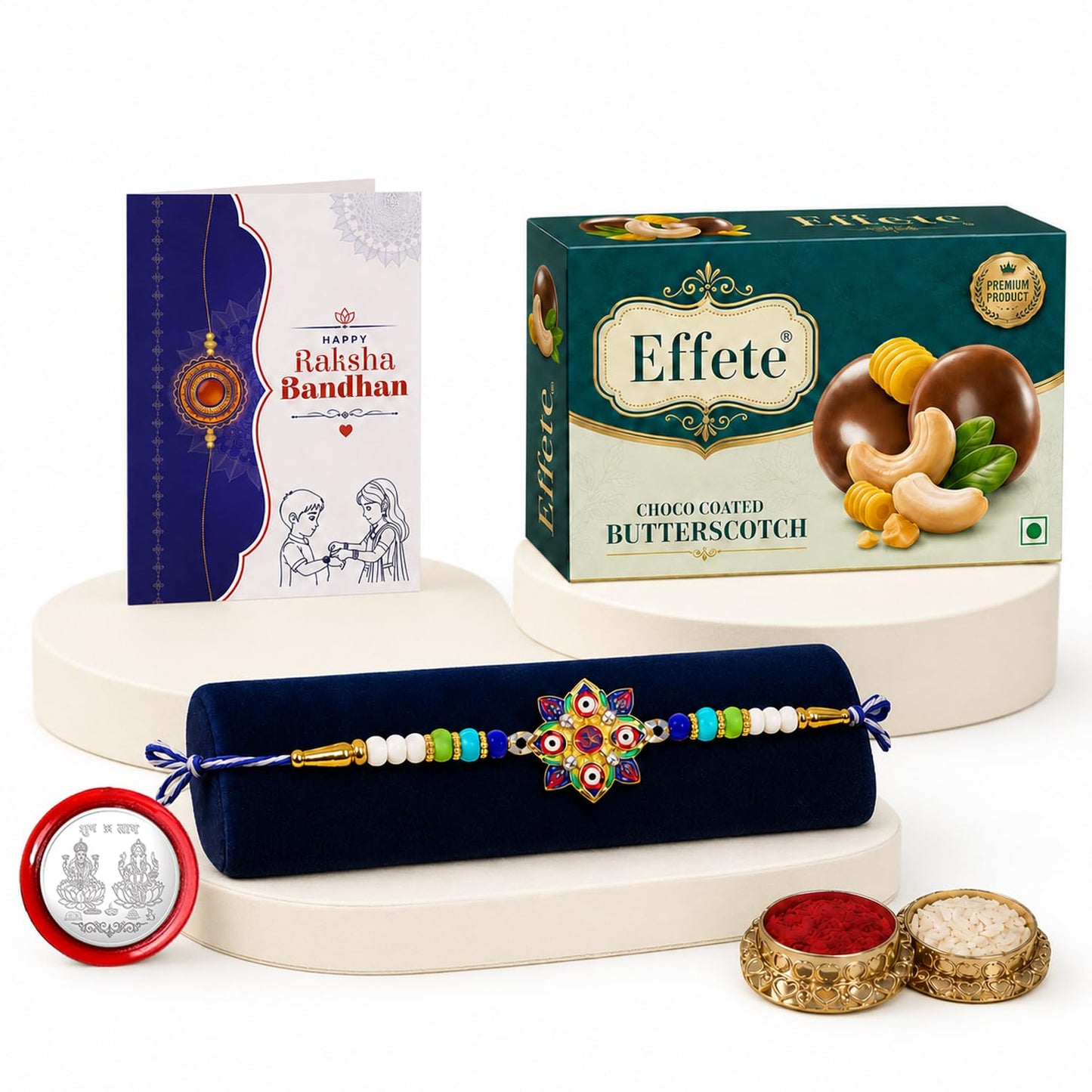 Evil Eye Rakhi for Brother with Butter Scotch 32gm, Roli Tikka & Card | Pack of 5