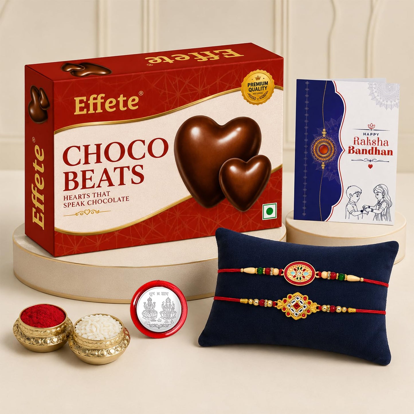 Oval Rakhi for Brother with Chocolate Beats 32gm, Roli Tikka & Card, Pack of 6