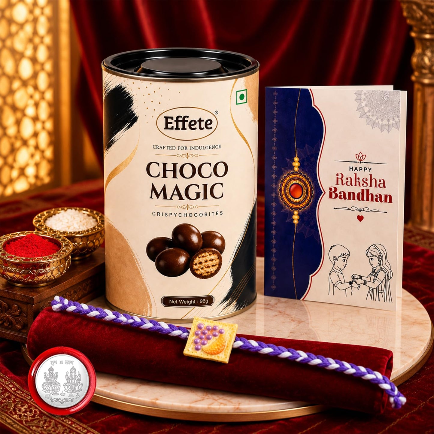 Rakhi with Chocolate for Brother – Raksha Bandhan Combo with Toast Design Rakhi, Chocolate, Roli Chawal, Silver Color Pooja Coin & Greeting Card – Traditional Festival Celebration (Set of 5)