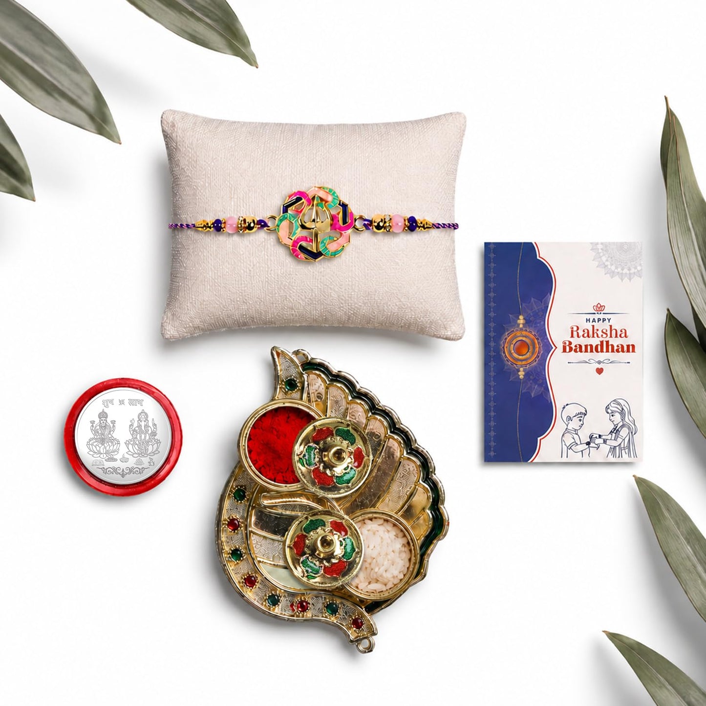 Multicolor Shiva Trishul Bracelet/Rakhi & Leaf Shape Pooja Thali with Silver Color Pooja Coin, Tikka/Tilak Set & Greeting Card, Rakhi Gift Hamper (Pack of 5) For Raksha Bandhan