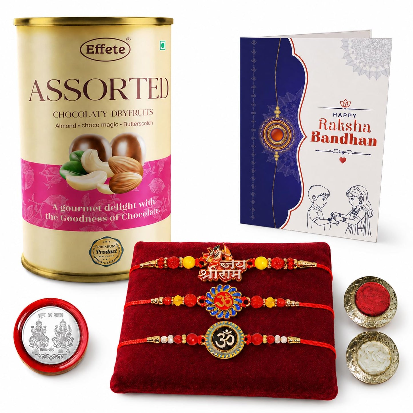 Jai Shree Ram Rakhi for Brother with Emperor Choco, Roli Tikka & Card, Pack of 7