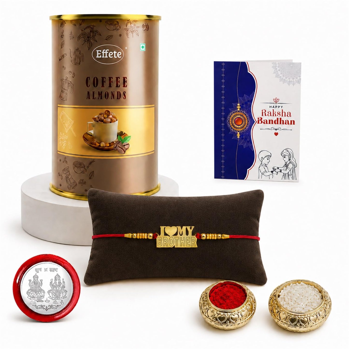 Designer Rakhi for Brother with Coffee Almond 96gm, Roli Tikka & Card, Pack of 5