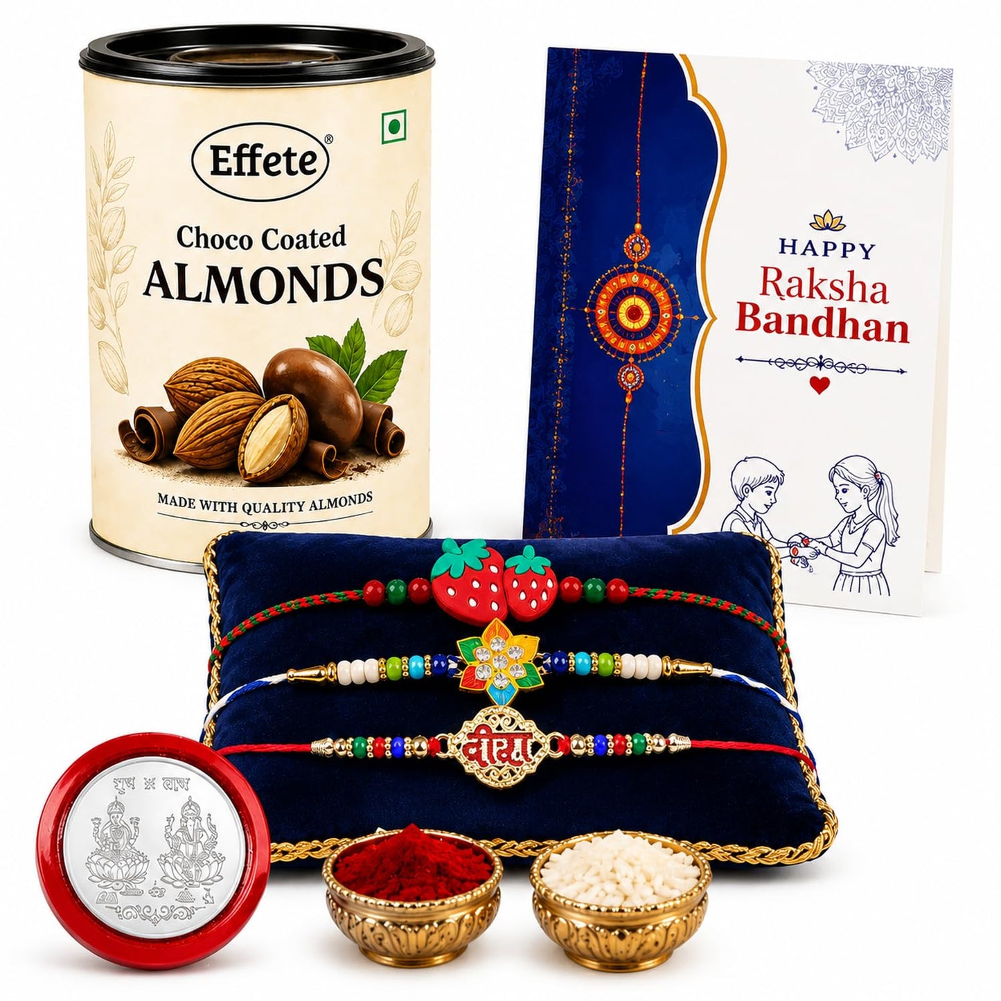 Strawberry Rakhi for Brother with Chocolate Almonds 96gm, Coin & Card, Pack of 7