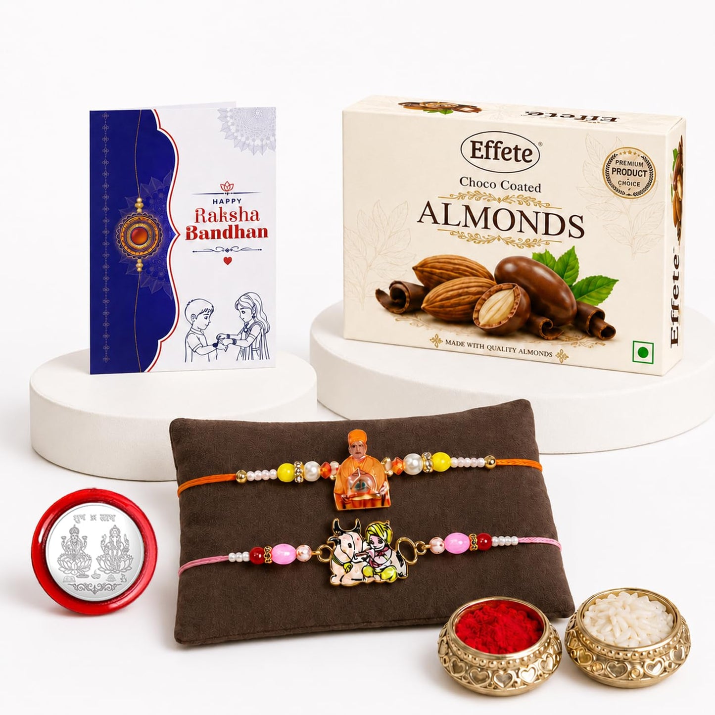 Swami Maharaj Rakhi Combo - Raksha Bandhan Gift with Choco Almonds 32gm, Pack of 6