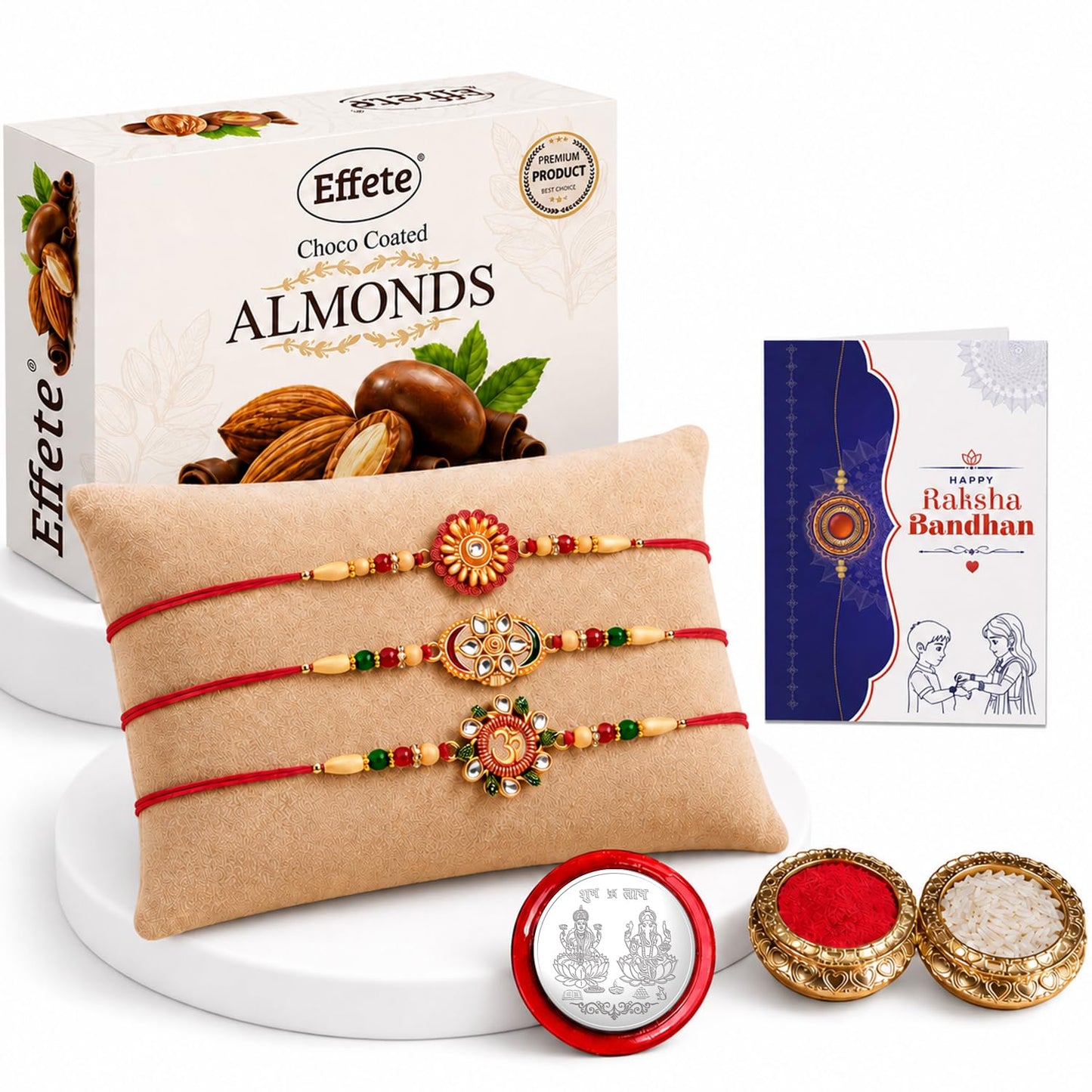 Round Rakhi for Brother with Chocolate Almonds 32gm, Roli Tikka & Card, Pack of 7