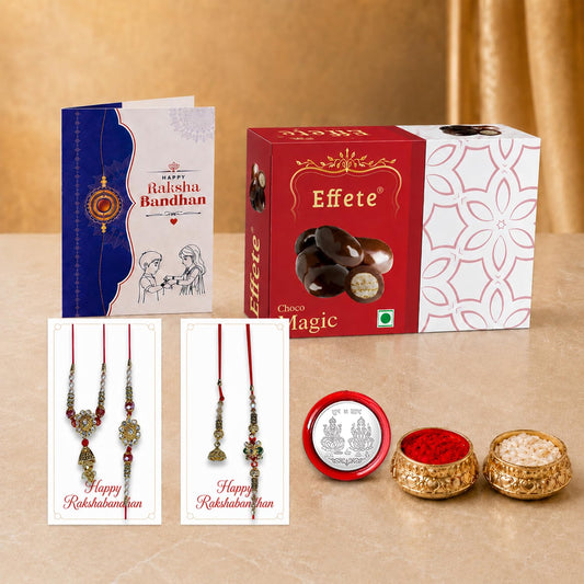 Multicolor Rakhi Chocolate Gift Set for brother with rakhi, chocolates, roli chawal, pooja coin, and greeting card.