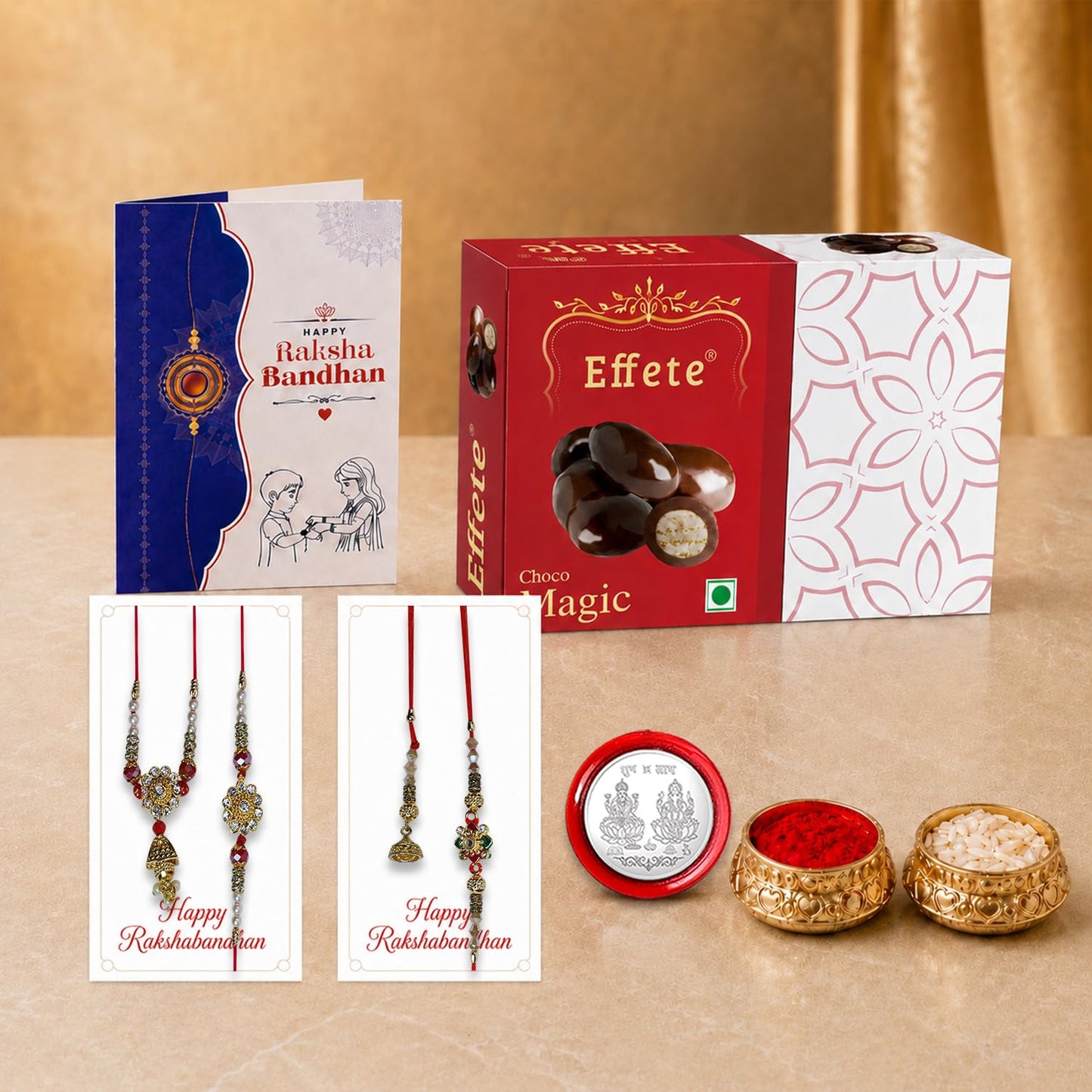 Designer Rakhi for Brother with Choco Magic 32gm, Roli Tikka & Card, Pack of 6