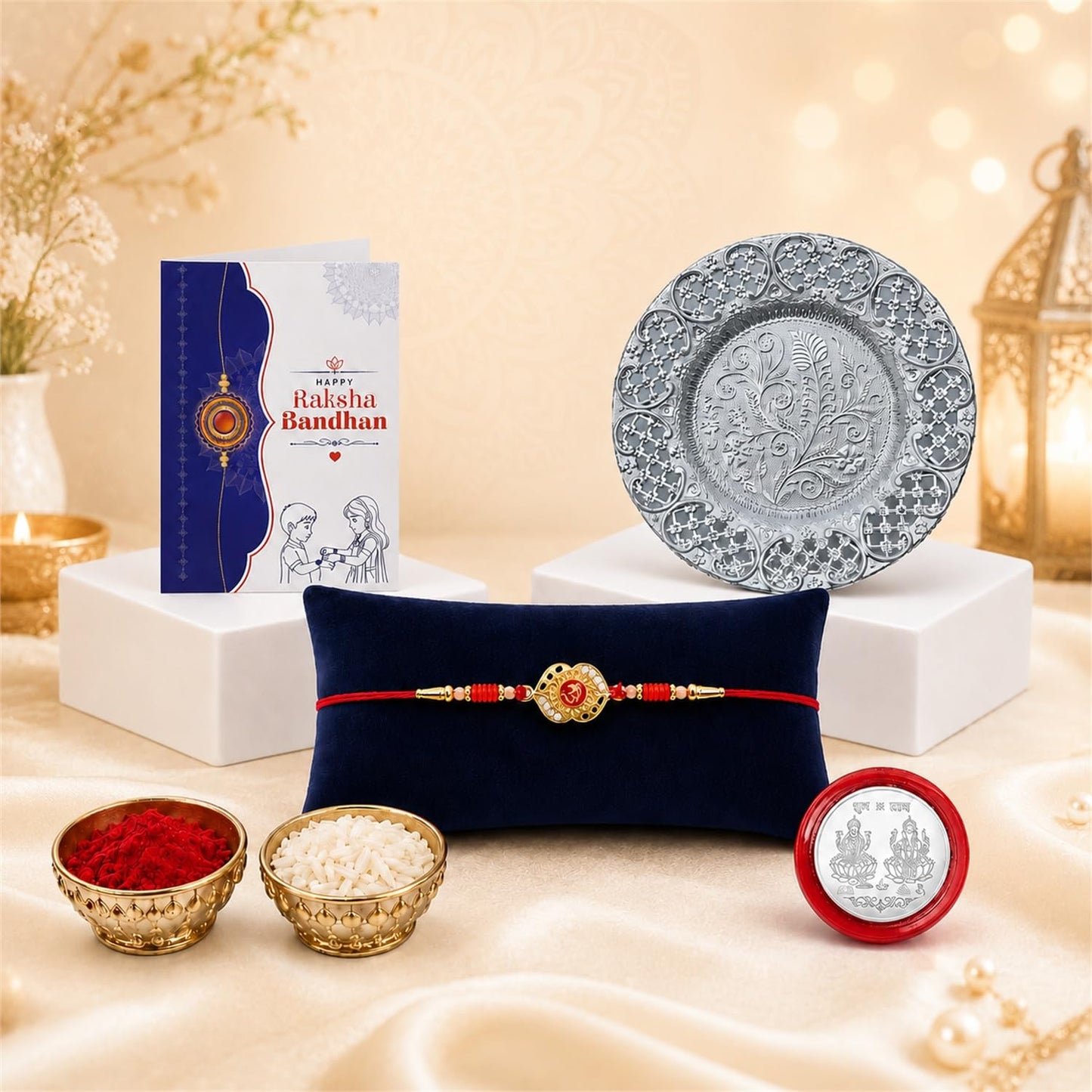 Om Multicolor Rakhi for Brother & Bhaiya with Pooja Thali - Raksha | Pack of 5