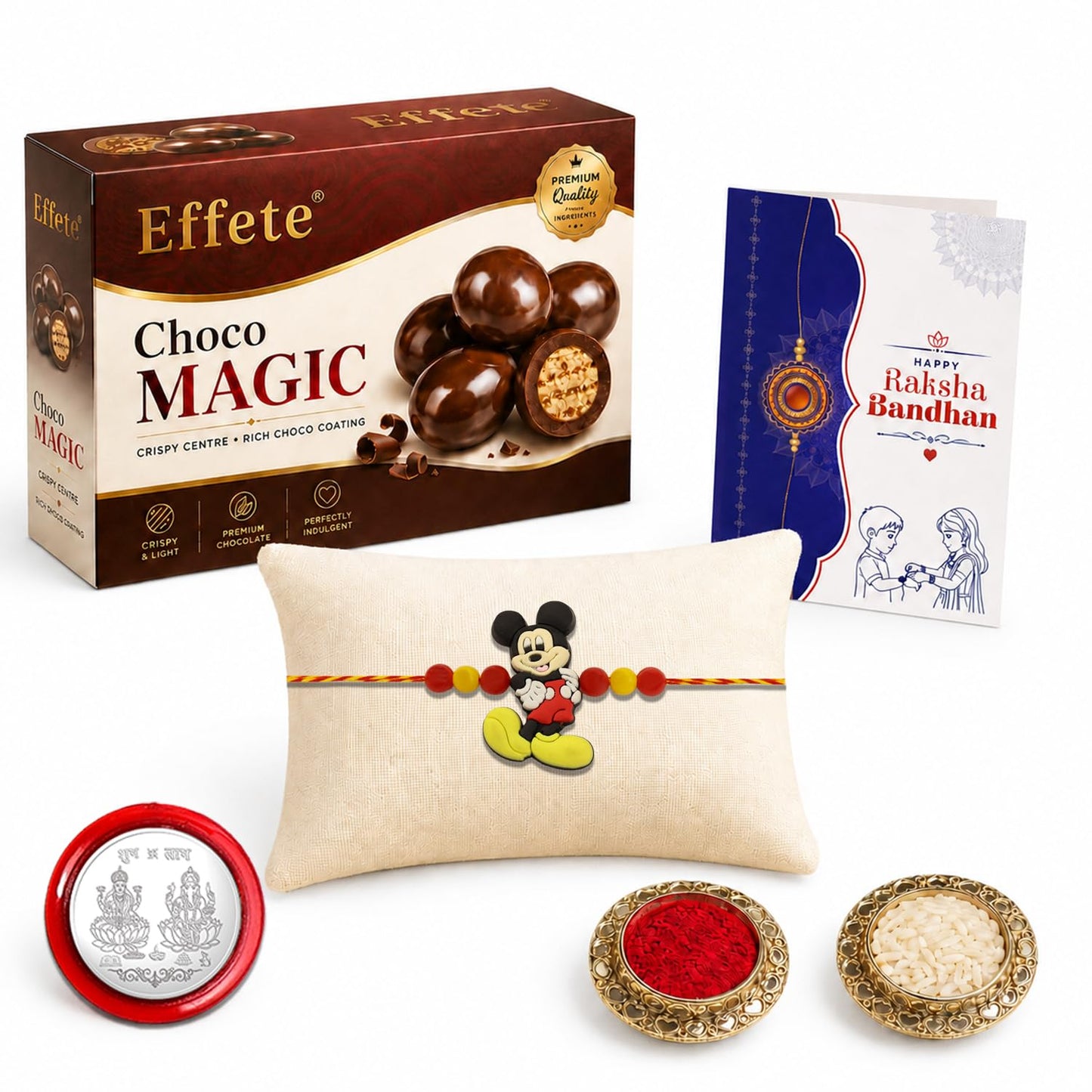 Kids Rakhi for Brother with Chocolate Magic 96gm, Roli Tikka & Card | Pack of 5