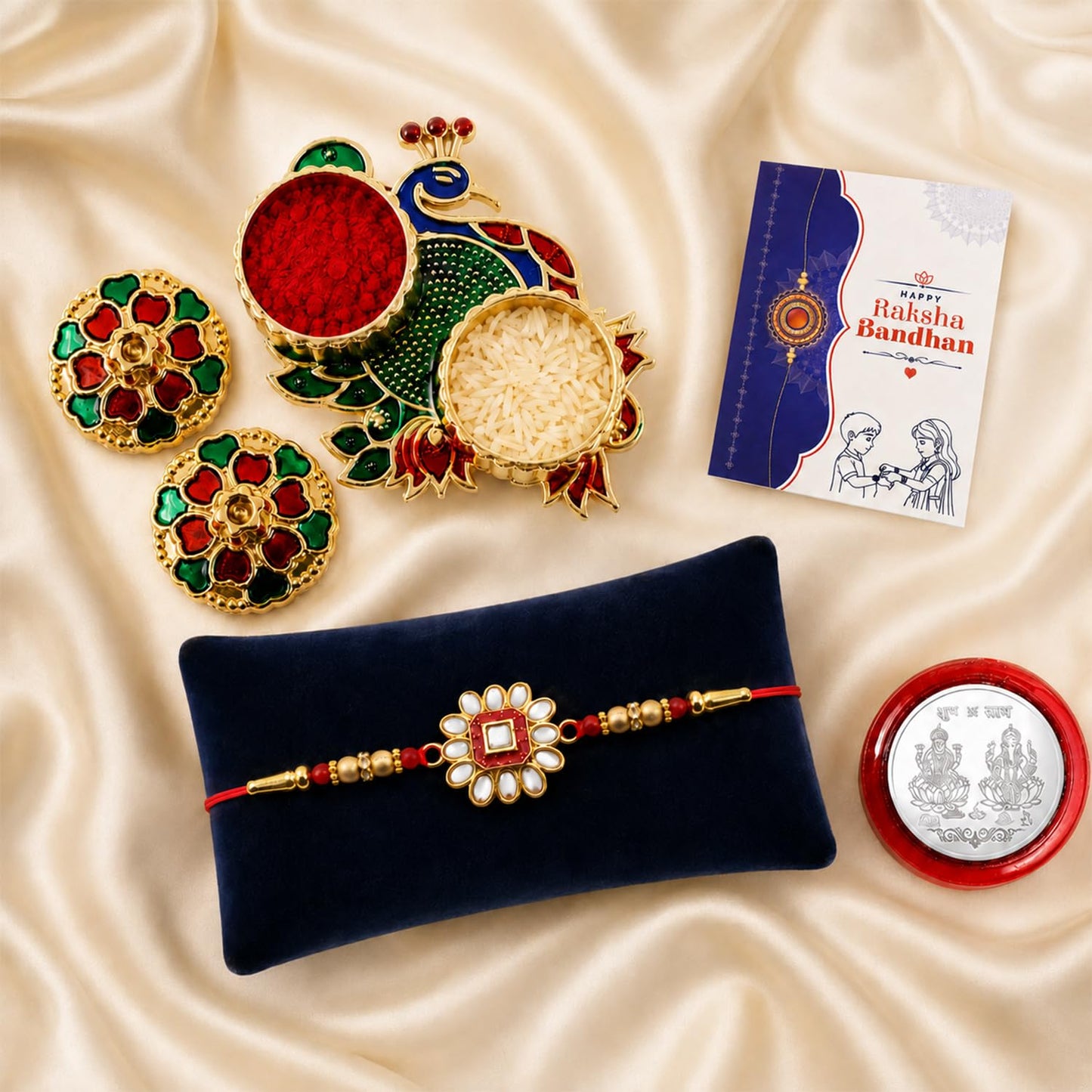 Flower Multicolor Rakhi for Brother & Bhaiya with Peacock Shape Pooja | Pack of 5