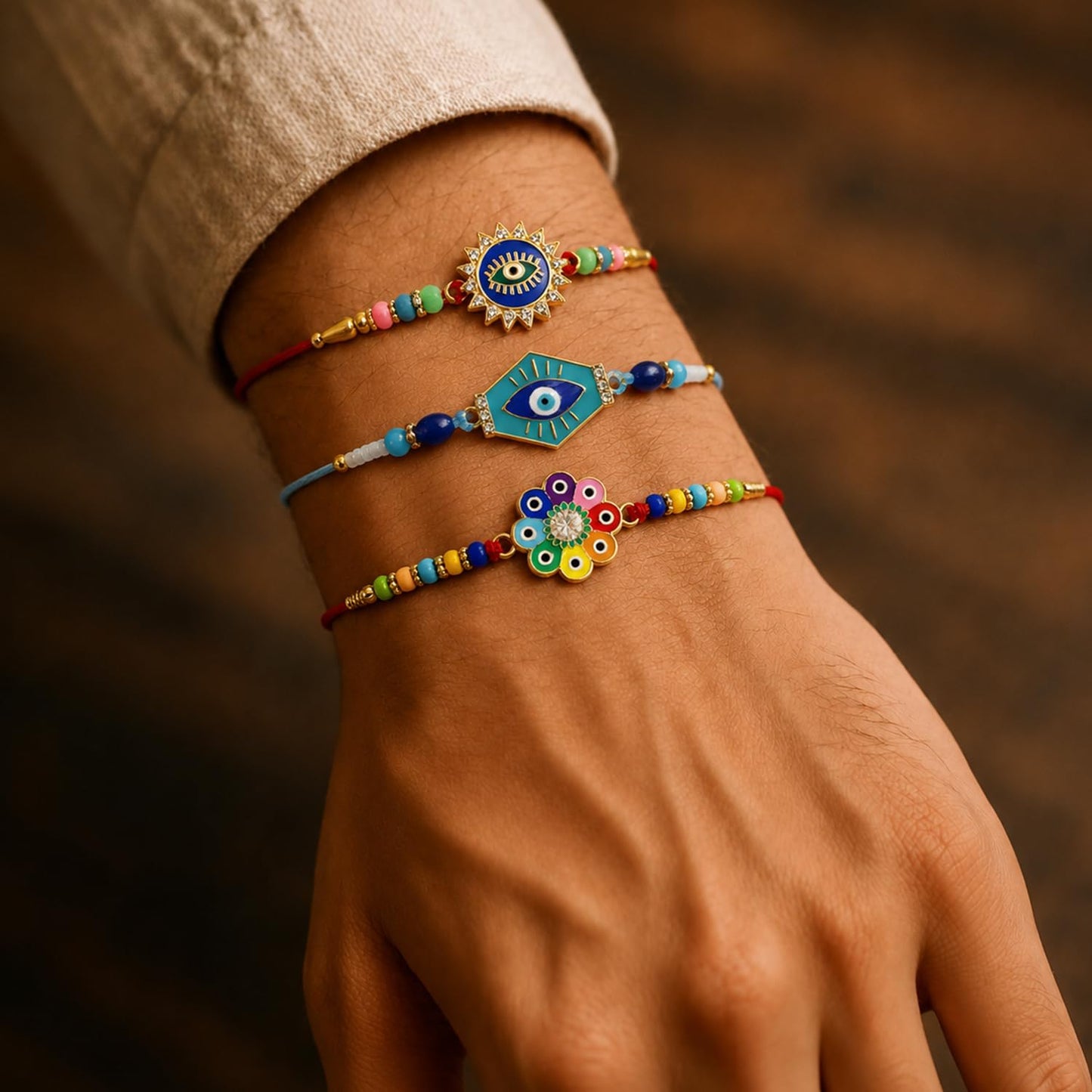 Designer Stylish Multicolor Evil Rakhi for Brother with Roli Tikka | Pack of 6