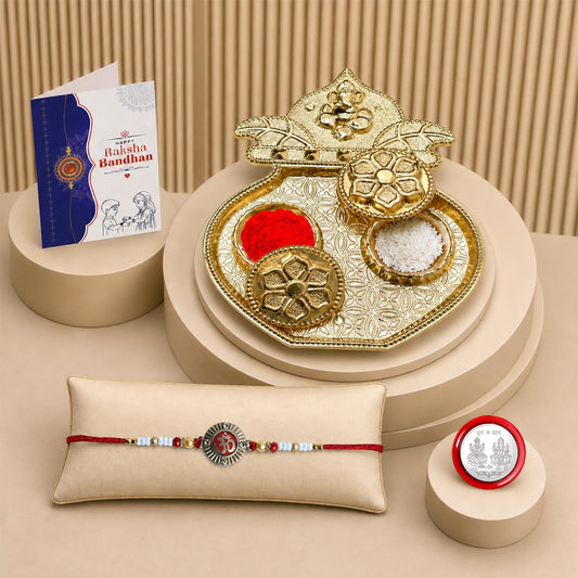 Multicolor bracelet rakhi and kalash shape pooja thali for Raksha Bandhan combo.
