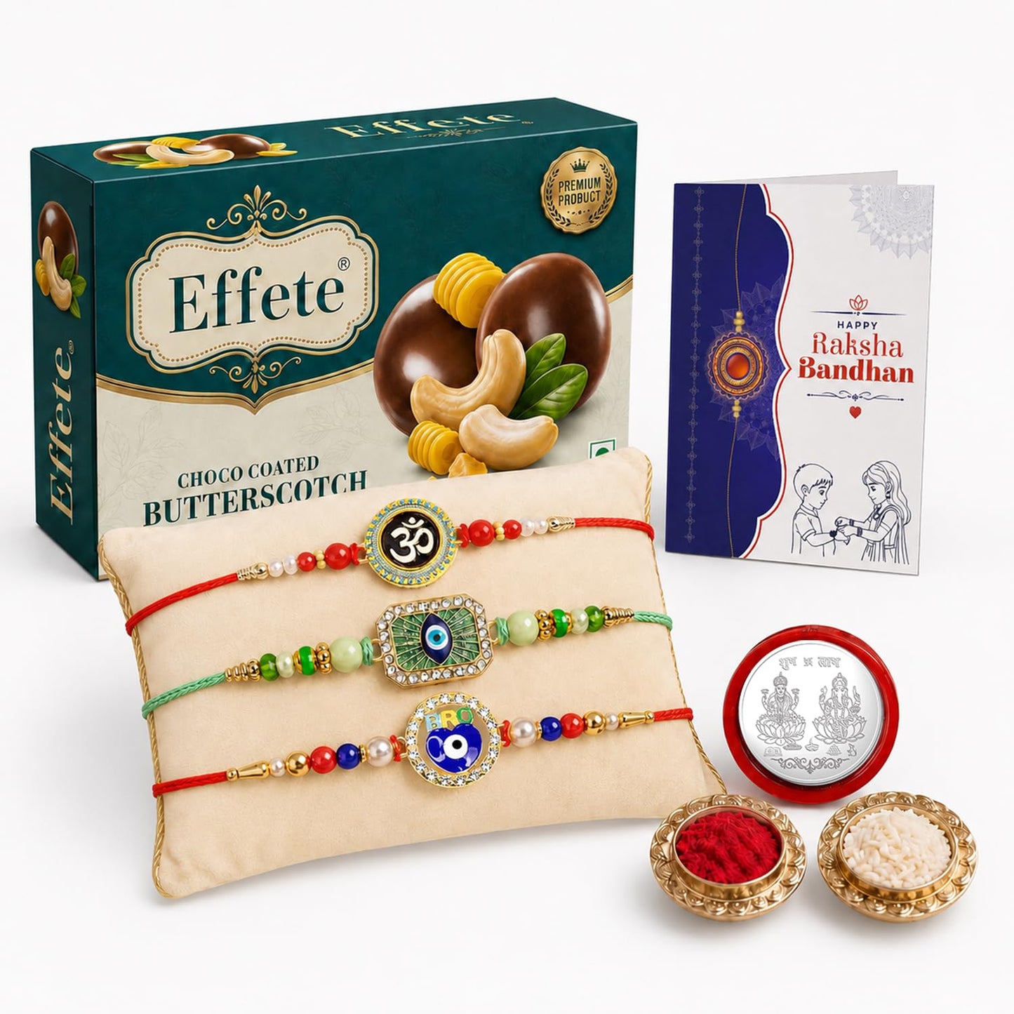 Evil Eye, Om Rakhi Combo - Raksha Bandhan Gift with Choco Butterscotch 32gm, Pack of 7