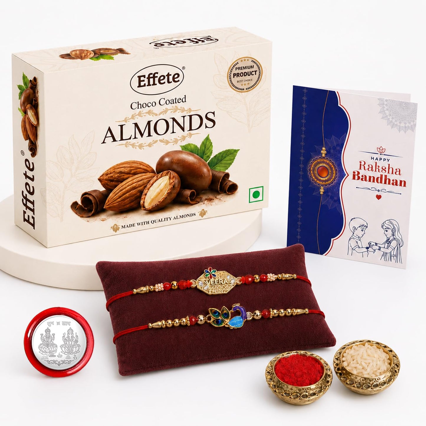 Veera Rakhi for Brother with Chocolate Almonds 32gm, Roli Tikka & Card, Pack of 6