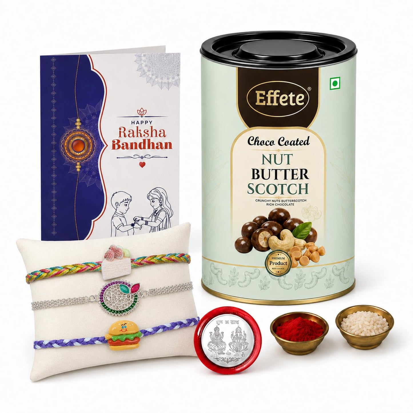 Burger Rakhi for Brother with Butter Scotch 96gm, Roli Tikka & Card, Pack of 7